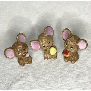 Vintage Brinns Set 3 Mice 3.75" Figurine Kitschy Mid Century Cheese Flower Berry